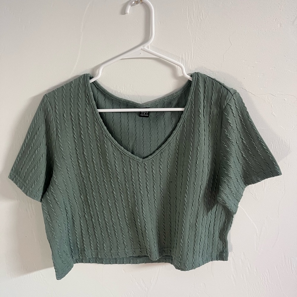 SHEIN Green Ribbed Crop Top Short Sleeve